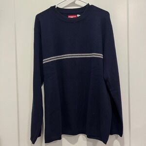Unionbay Mens Vintage Navy Blue 100% Lambswool Striped Crewneck Sweater Large